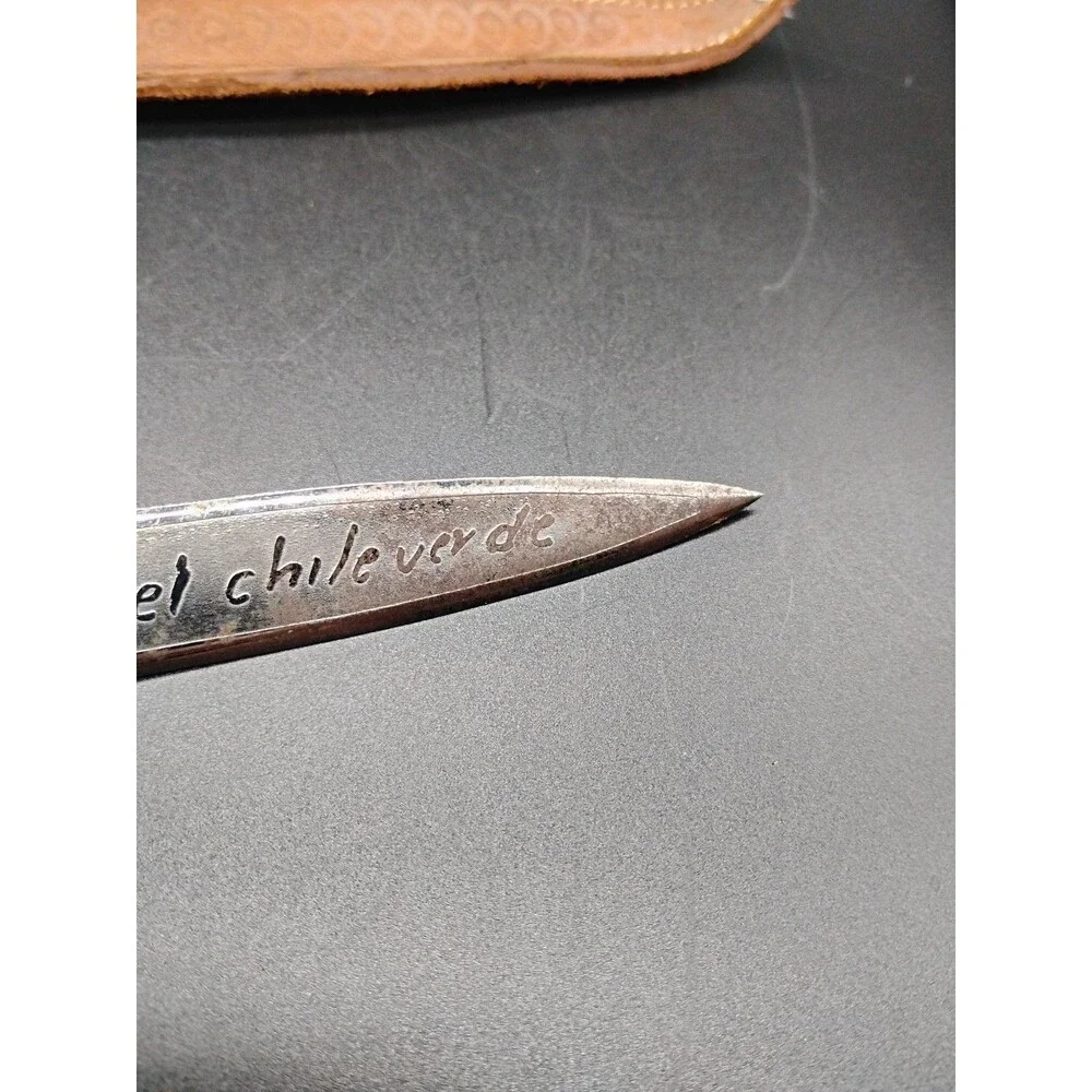 Vintage 9” Mexican Souvenir Dagger Aluminum Tribal Handle Engraved Blade Sheath